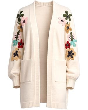 Tantra Spain Sl Neutrals Long Knit Jacket With Embroidered Flowers On The Sleeves And Front Pockets - Natural