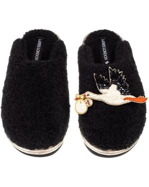 Laines London Teddy Closed Toe Slippers With New Baby Stork Brooches - Black