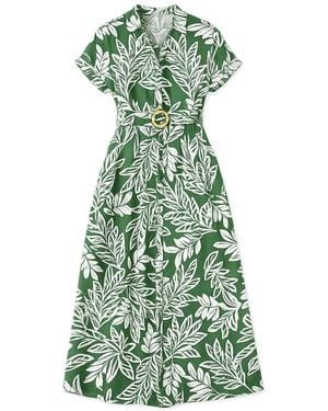 Yumi' Leaf Print Viscose Relaxed Midi Shirt Dress - Green