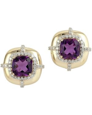 Artisan 14K Cushion Amethyst & Diamond Stud Earrings - Purple