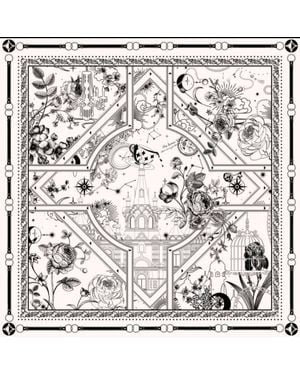 Silk and Bears Monochrome Twill Silk Scarf – Square Scarf With Illustrated Print - Metallic