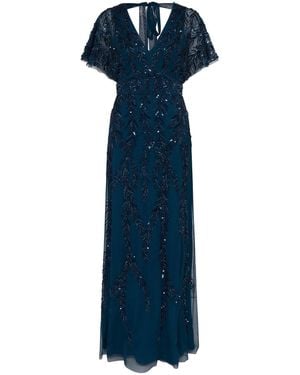 Raishma Serenity A Flattering V Neckline, Tie Up Back, Cap Sleeve & All Over Hand Embellishments Gown - Blue