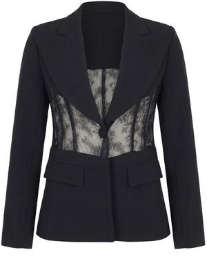 Modenaire Lace Panel Blazer With Deep V Neck And Tailored Fit - Black