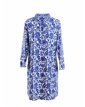 Kaminee Lagoon Floral Block Print Linen Kaftan - Blue