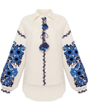 Annabo Neutrals Column Bloom Embroidered Linen Shirt Blouse – Ivory - Blue