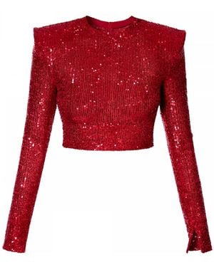 AGGI by HALEWSKI Zoey Sparkle Sequin Crop Top With Long Sleeve - Red