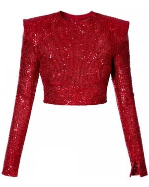 AGGI by HALEWSKI Zoey Sparkle Sequin Crop Top With Long Sleeve - Red
