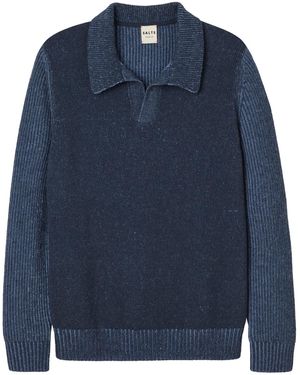 Salts Cashmere Polo Sweater With Fishermens Rib Detailing - Blue