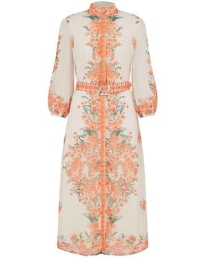 Raishma Rose Floral 3/4 Length Sleeve Belted Midi Shirt Dress - Pink
