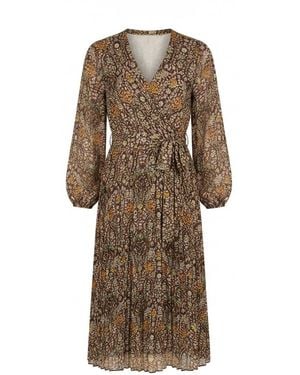 Yumi' Ditsy Floral Pleated Midi Dress - Brown