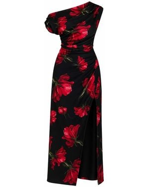 Girl In Mind Ariana Asymmetric Floral Midi Dress - Red