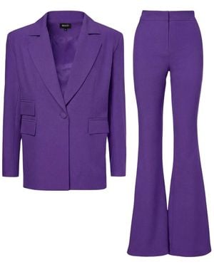 BLUZAT Deep Suit With Regular Blazer With Double Pocket And Flared Pants - Purple