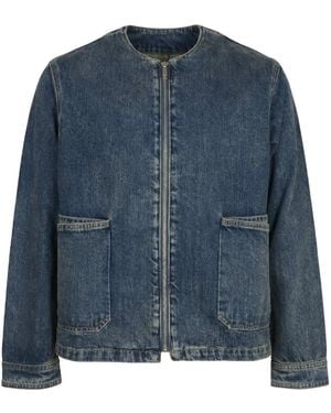 Modenaire Washed Denim Jacket Relaxed Fit Clean Collarless - Blue