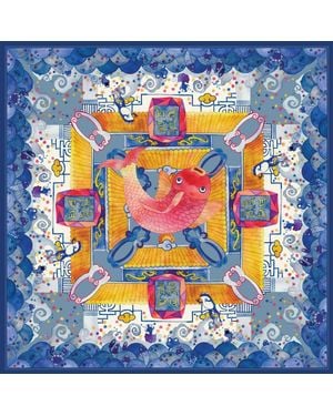 Wenzi Skybound Koi Hand Painted Pattern Double Sided Silk Twill Scarf - Blue