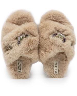 Rettrose Neutrals Sadie Mink Luxury Plush Diamanté Embellished Handmade Slipper - Natural