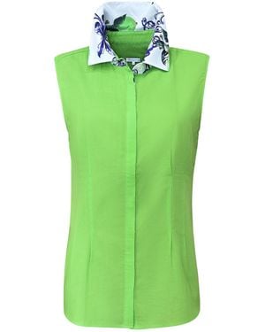 Perlavera Cathy Solid Soft Cotton Sleeveless Shirt With Printed Details - Green