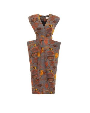 Julia Allert Fashion Midi Dress With Belt And Bold Shoulders Jacquard - Brown