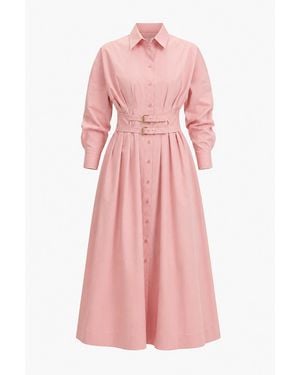 Exquise Belted Fitted Waist Midi Shirt Dress – - Pink