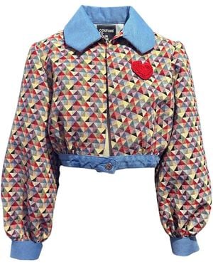 Couture to Your Door Geometric Tapestry Cropped Bomber Jacket - Blue