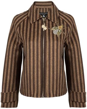 House of Laines London Neutrals Laines Couture Cashmere Blend Stripe Jacket With Embellished Beetle Brooch - Brown