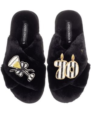 Laines London Classic Laines Slippers With Stripe 70 Th Birthday & Glass Of Champagne Brooches - Blue