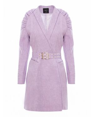 AVENUE No.29 Gathered Raglan Sleeve Linen Blazer Dress With Double Belt - Purple