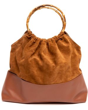 Primo Luxe Ines Caramel Leather & Suede Bamboo Handle Bag - Brown