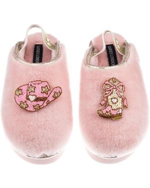 Laines London Flatform Cloud Closed Toe Slippers With Cowgirl Hat & Cowgirl Boots Brooches - Pink