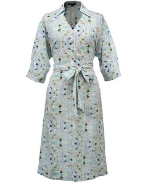 Smart and Joy V Neckline Floral Print Shirt-Dress -Light - Blue
