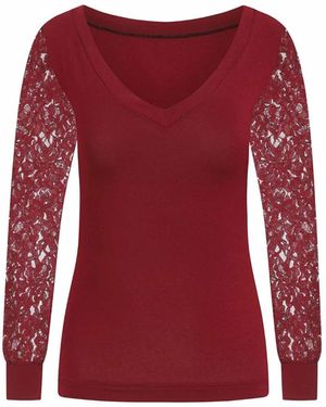 Sophie Cameron Davies Burgundy V-Neck Jersey Lace Sleeve Top - Multicolour