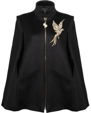 House of Laines London Laines Couture Wool Blend Zip Cape With Embellished Bird Of Paradise - Black