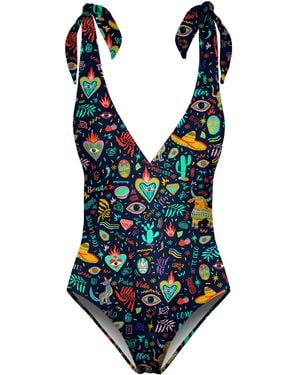 Aloha From Deer Colourful Mexico One Piece Swimsuit - Blue
