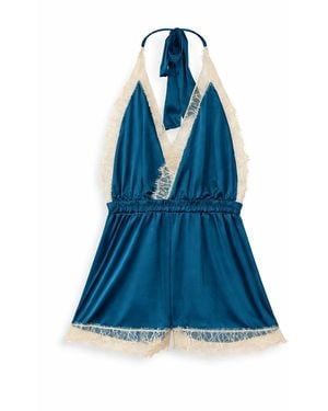Noblesse Oblige Petrol Lace Trimmed Halter Neck Short Romper - Blue