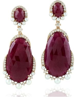Artisan Ruby & Pearl Gemstone Pave Diamond Dangle Earrings - Red