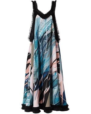 Maison Bogomil Flared Maxi Dress, Edged With Tulle, With Tropical Print - Blue