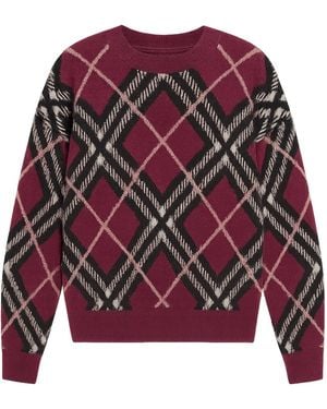Yumi' Burgundy Argyle Check Relaxed Sweater - Purple