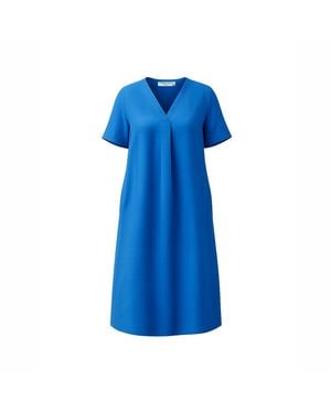 Haris Cotton Notched Neckline Curve Linen Dress With Batwing Sleeve Sapphire - Blue
