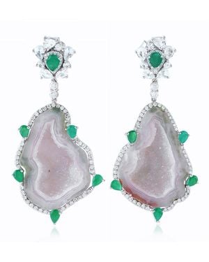 Artisan Geode, Emerald & Sapphire Dangle Earrings With Pave Diamonds - Green