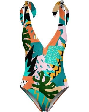 Aloha From Deer Tropical Abstract One Piece Swimsuit - Green
