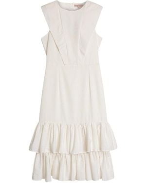 Niza Mai Midi Dress With Round Neckline And Ruffles - White