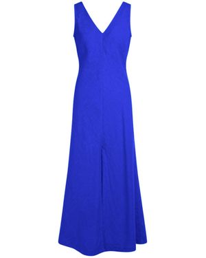 Haris Cotton Maxi Linen Dress With V Neck Sapphire - Blue