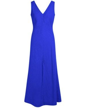 Haris Cotton Maxi Linen Dress With V Neck Sapphire - Blue