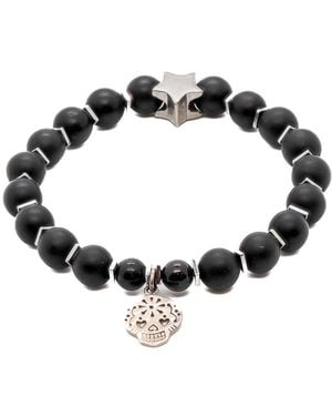 Ebru Jewelry Sterling Sugar Skull Charm Onyx Stone Beaded Bracelet - Black