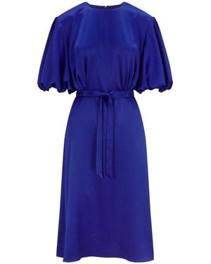 Femponiq Draped Puff Sleeve Satin Dress - Blue