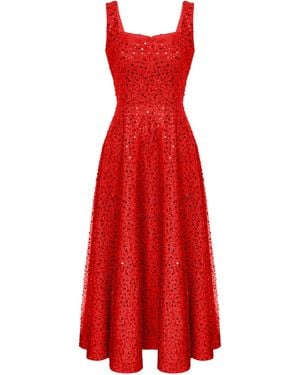 POST MERIDIEM Embellished Midi Dress With Sequins & Beads - Red