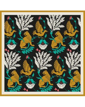 Artemis Muse Regal Doves & Lions & Colourful Luxury Silk Scarf - Black