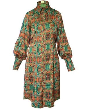Janara Jones Snakes Print Satin Long Sleeve Shirt Dress With Buttons - Green