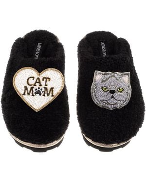 Laines London Teddy Closed Toe Slippers With Cat Mum/Mom & Persian Cat Brooches - Black