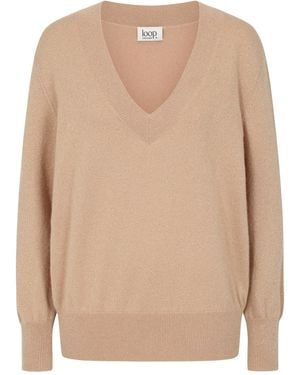 Loop Cashmere Neutrals Lurex V Neck Jumper - Natural