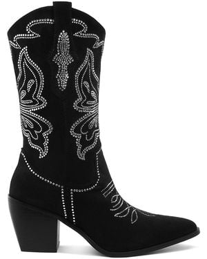 Rag & Co Latafa Rhinestones Embellished Cowboy Boots - Black